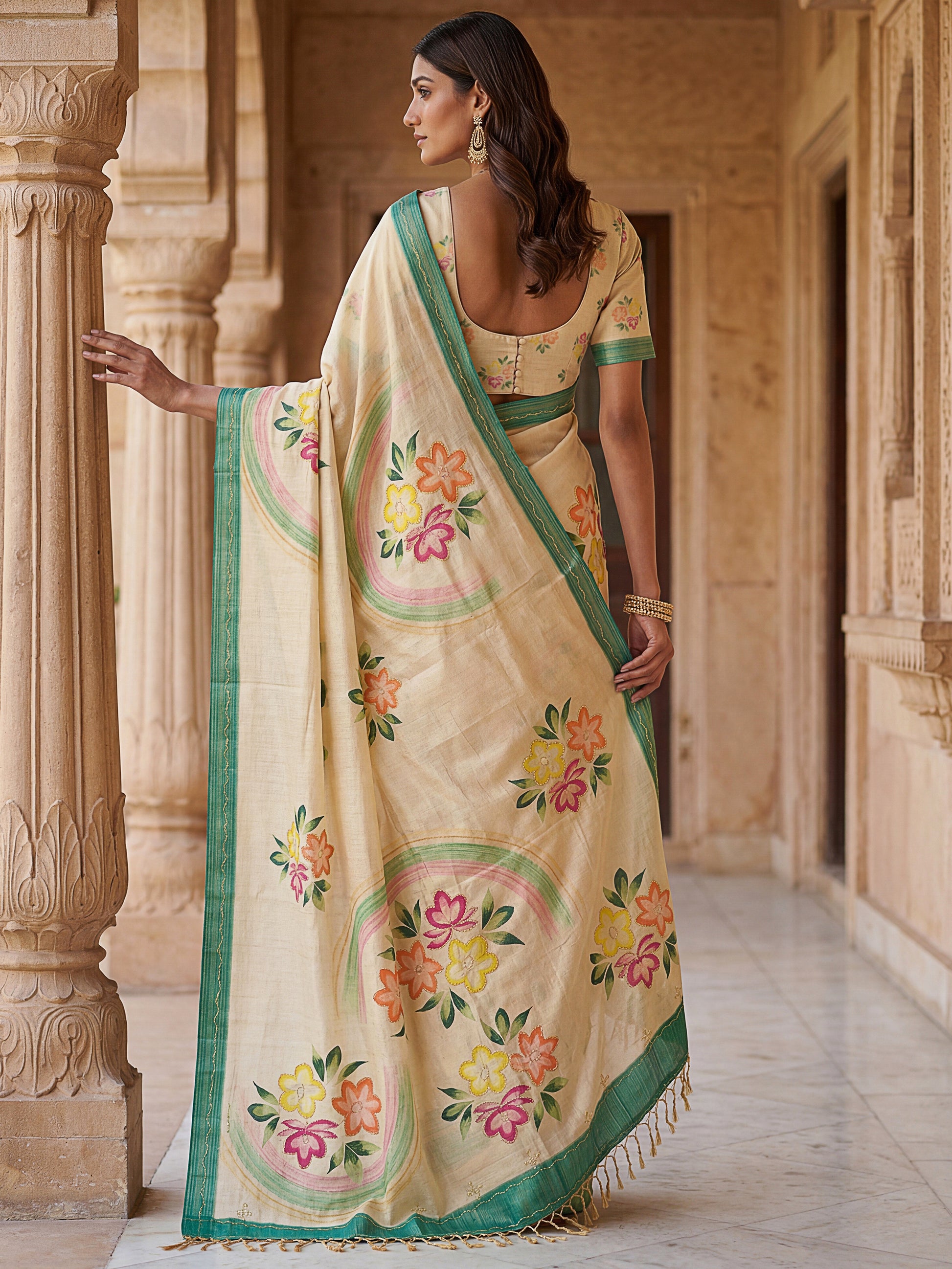 Elegant Cream Floral Printed Silk Festival Wear Saree With Blouse