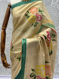 Elegant Cream Floral Printed Silk Festival Wear Saree With Blouse
