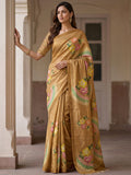 Fashionable Golden Floral Printed Silk Casual Wear Saree With Blouse