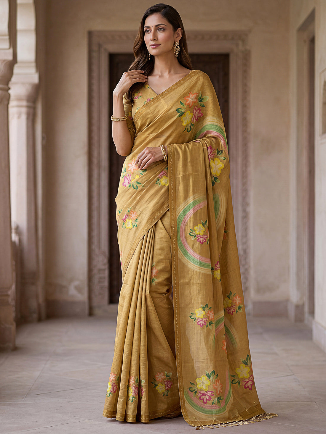 Fashionable Golden Floral Printed Silk Casual Wear Saree With Blouse