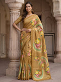 Fashionable Golden Floral Printed Silk Casual Wear Saree With Blouse