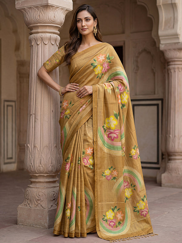 Fashionable Golden Floral Printed Silk Casual Wear Saree With Blouse