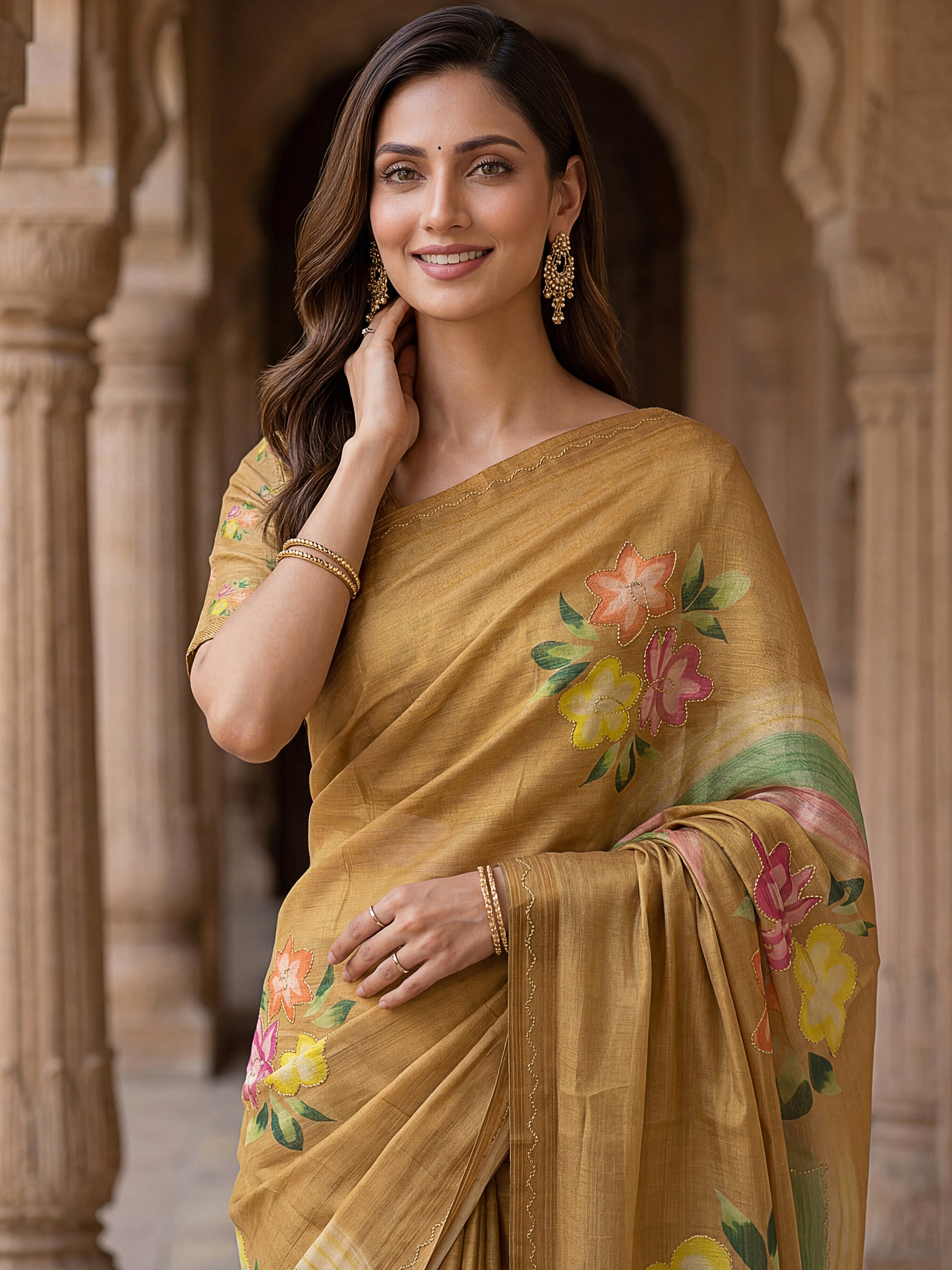 Fashionable Golden Floral Printed Silk Casual Wear Saree With Blouse