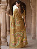 Fashionable Golden Floral Printed Silk Casual Wear Saree With Blouse