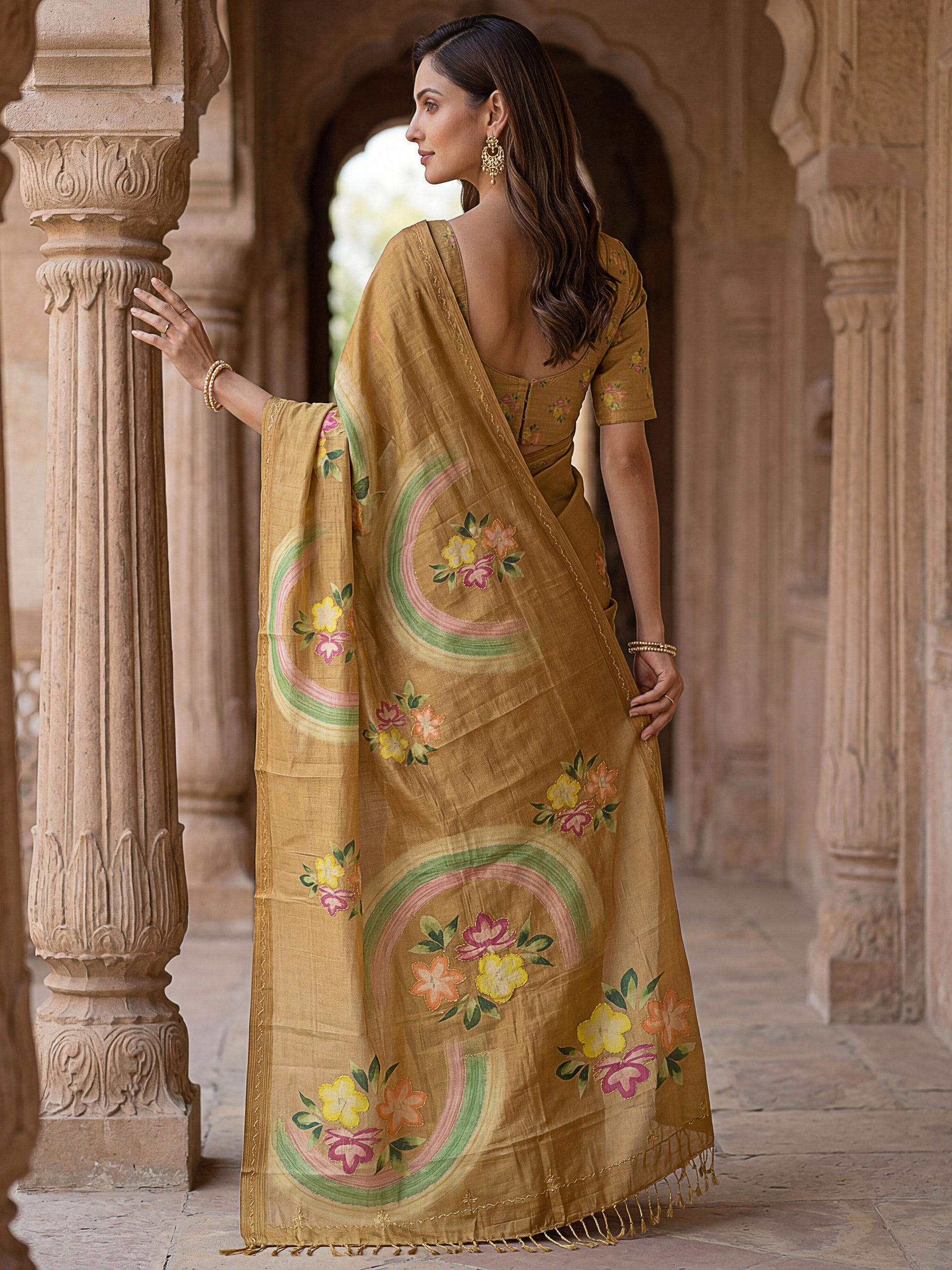 Fashionable Golden Floral Printed Silk Casual Wear Saree With Blouse