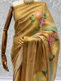 Fashionable Golden Floral Printed Silk Casual Wear Saree With Blouse