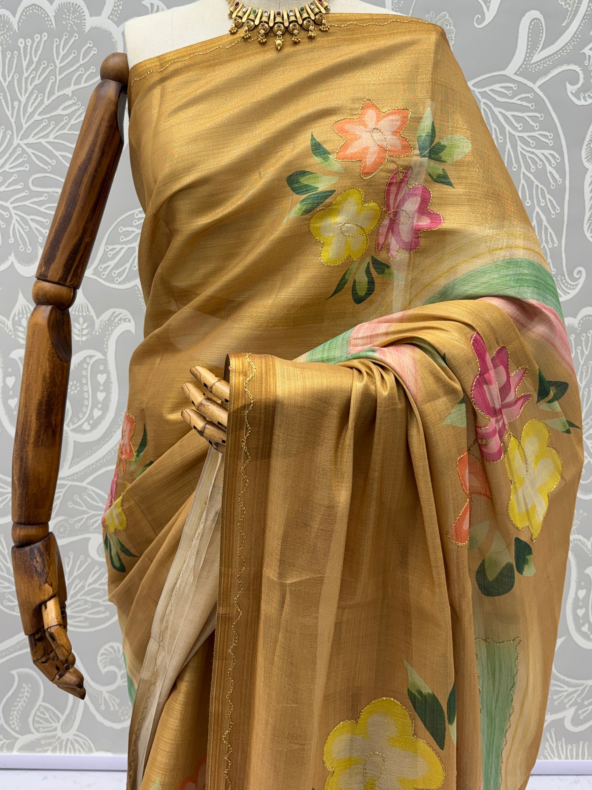Fashionable Golden Floral Printed Silk Casual Wear Saree With Blouse