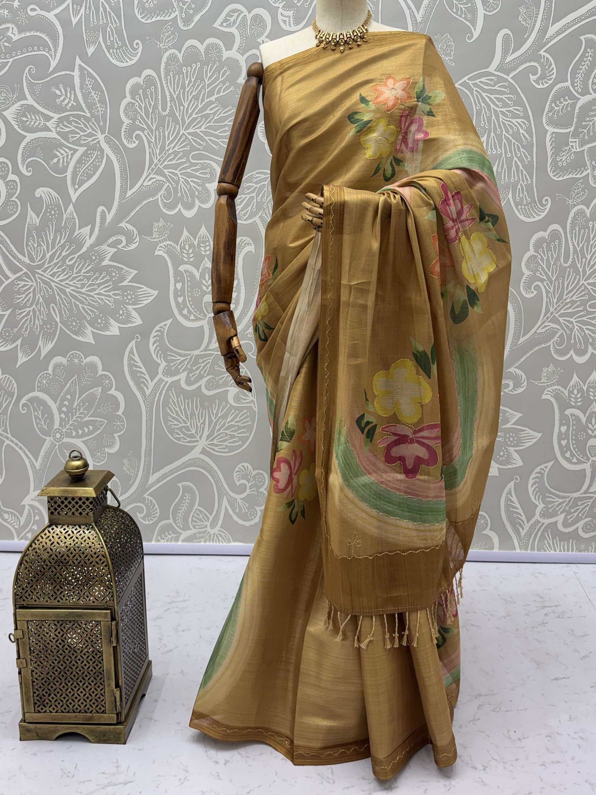 Fashionable Golden Floral Printed Silk Casual Wear Saree With Blouse
