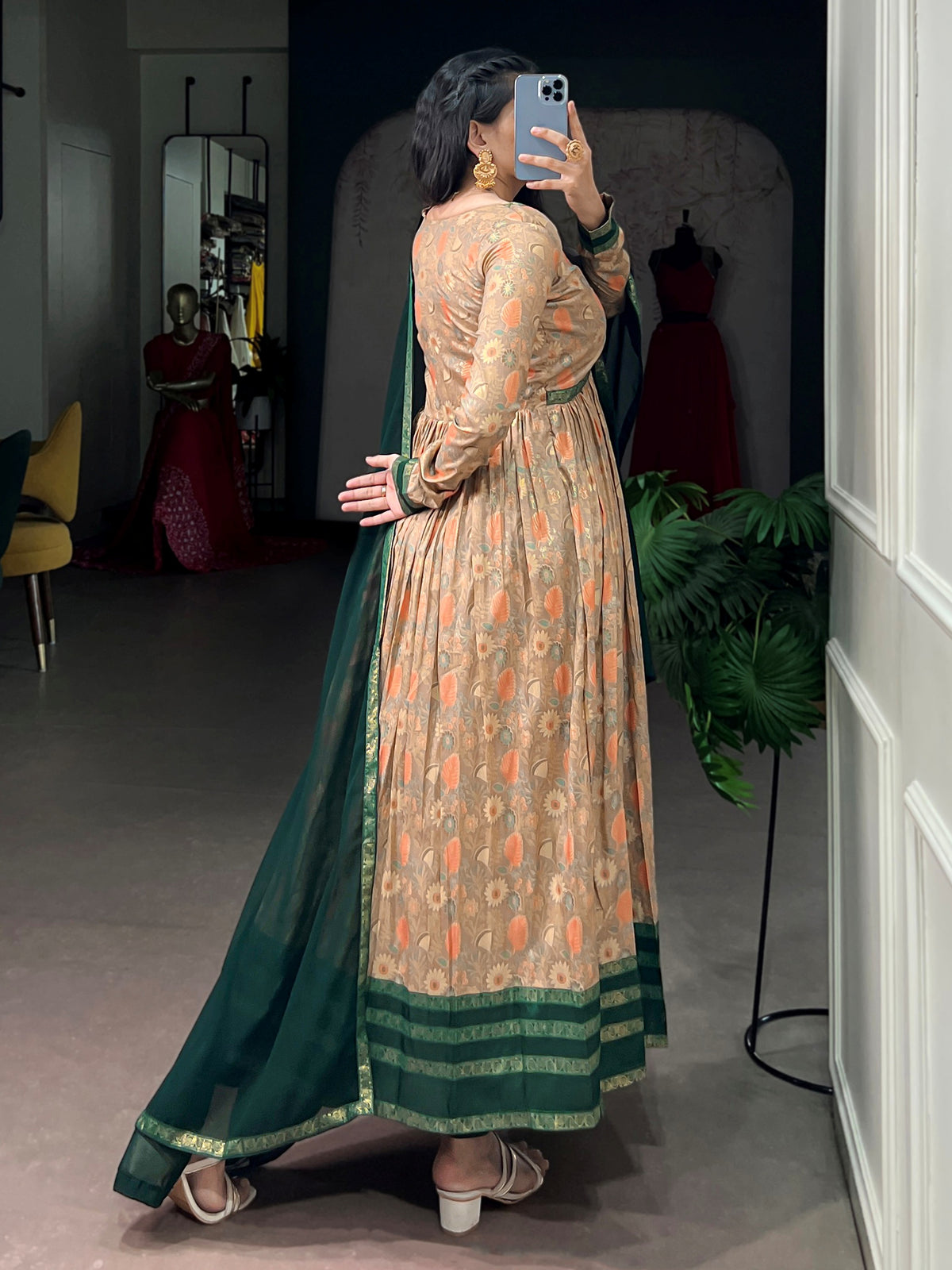 Charming Beige Floral Printed Silk Casual Wear Gown