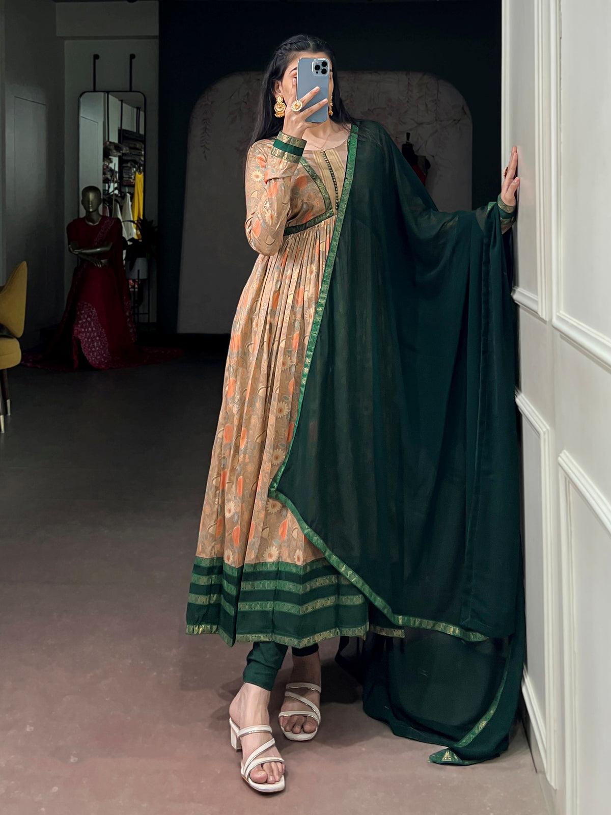 Charming Beige Floral Printed Silk Casual Wear Gown