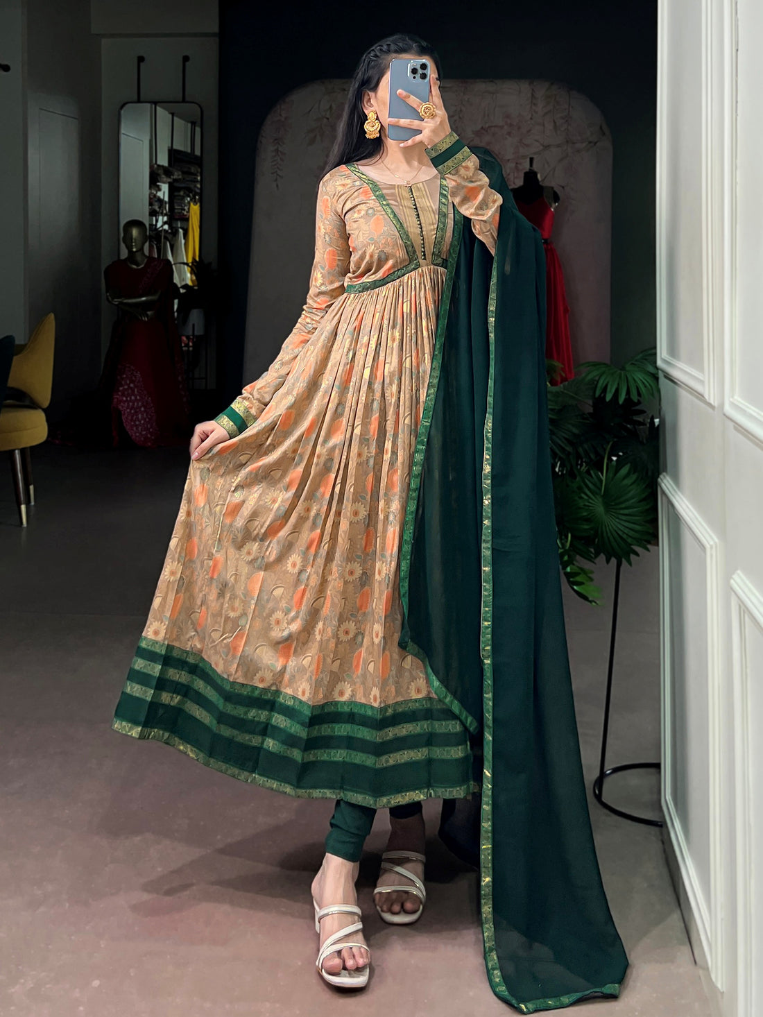 Charming Beige Floral Printed Silk Casual Wear Gown