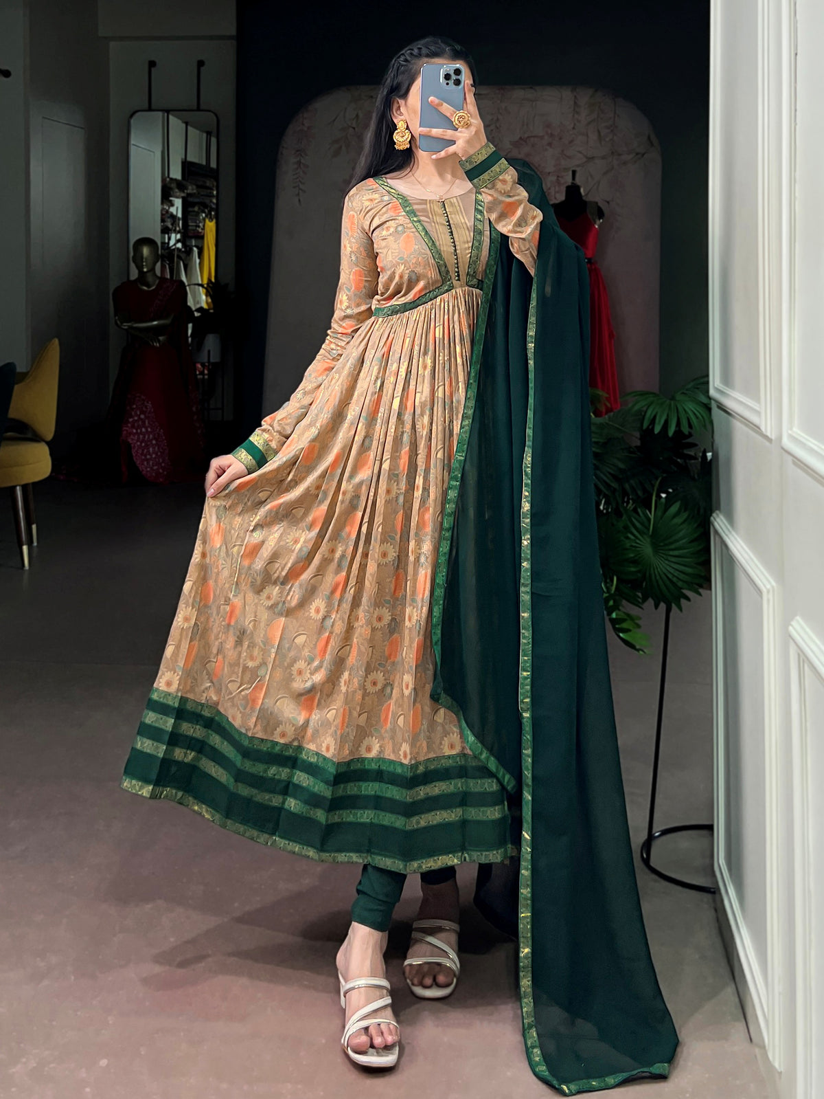 Charming Beige Floral Printed Silk Casual Wear Gown