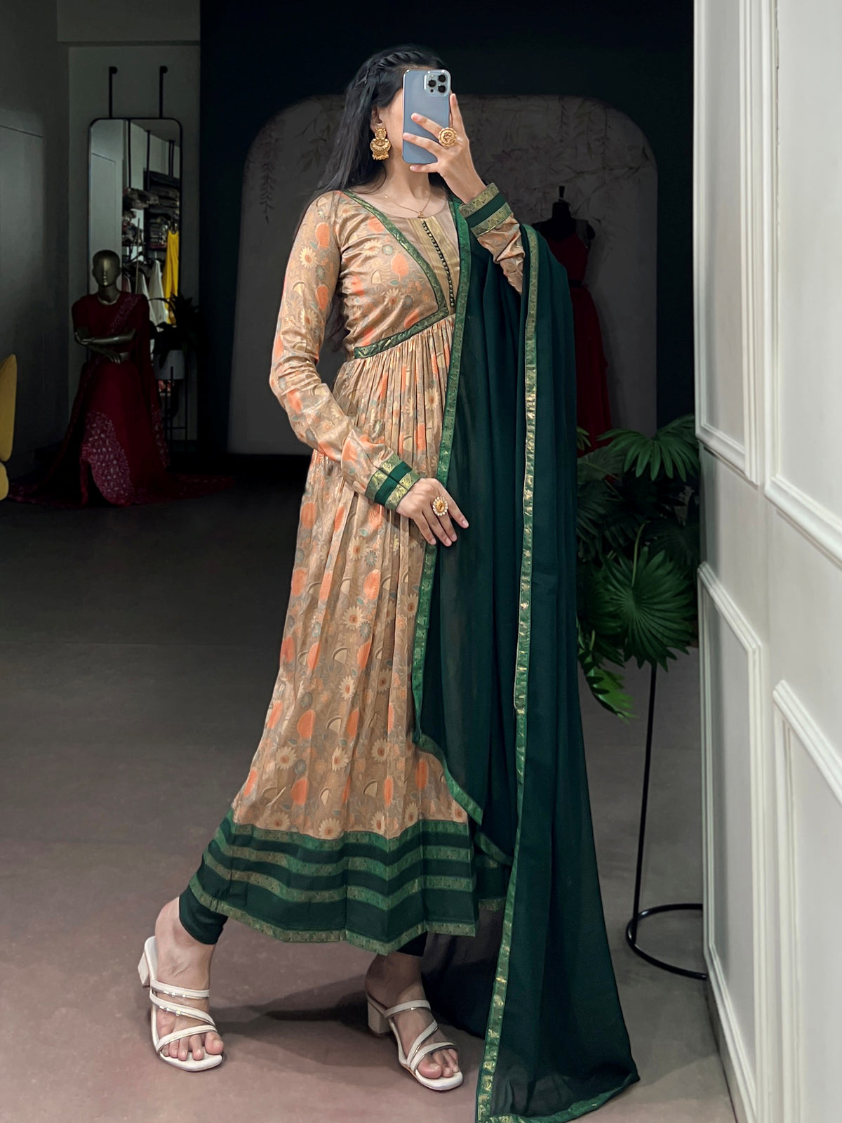 Charming Beige Floral Printed Silk Casual Wear Gown