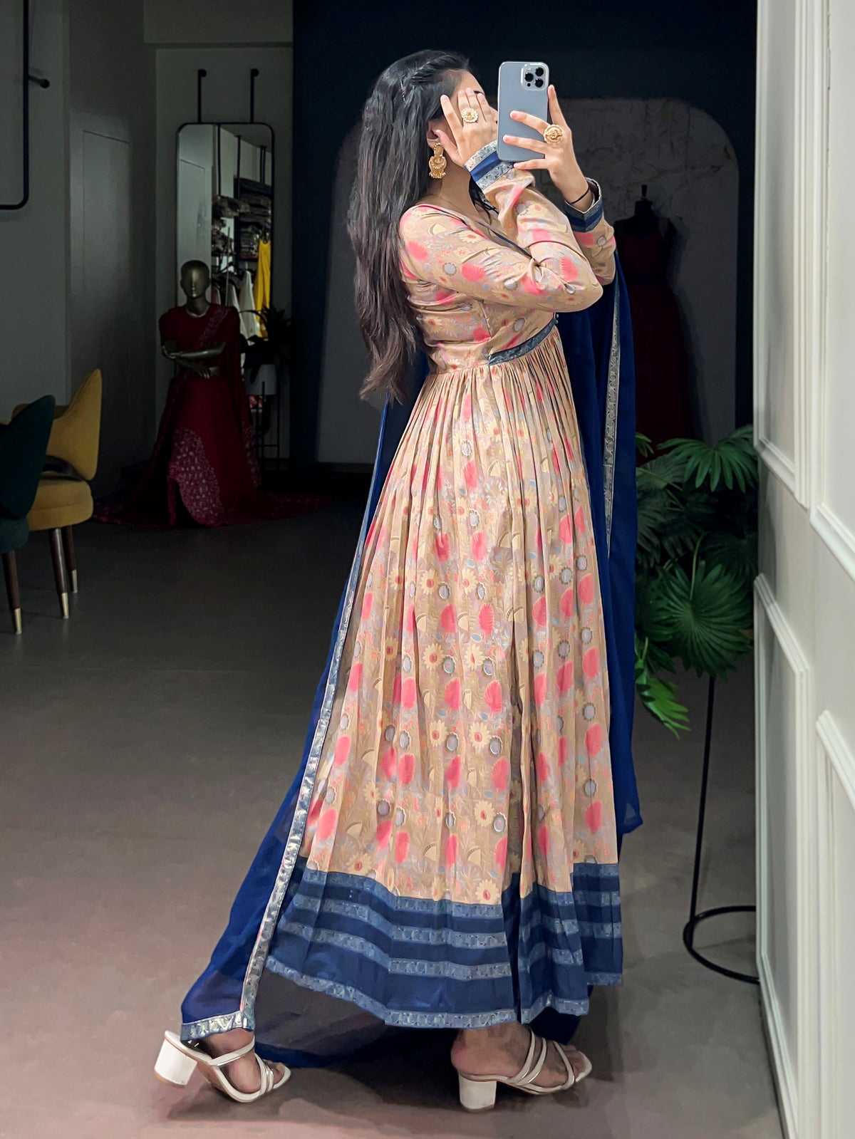 Alluring Beige Foil Work Silk Daily Wear Gown With Dupatta
