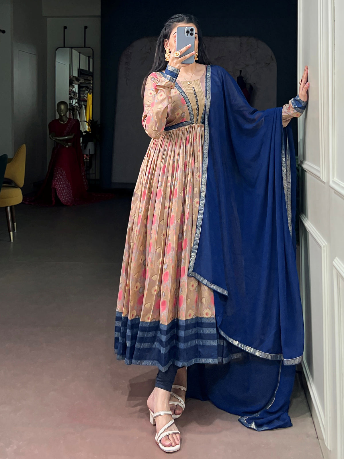 Alluring Beige Foil Work Silk Daily Wear Gown With Dupatta
