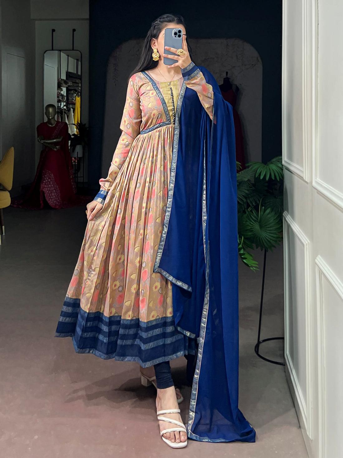 Alluring Beige Foil Work Silk Daily Wear Gown With Dupatta