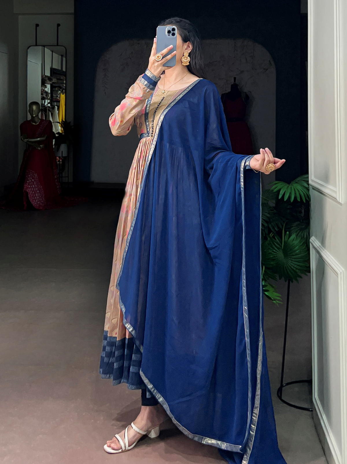 Alluring Beige Foil Work Silk Daily Wear Gown With Dupatta