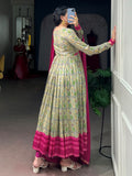 Graceful Green Floral Printed Silk Casual Wear Gown