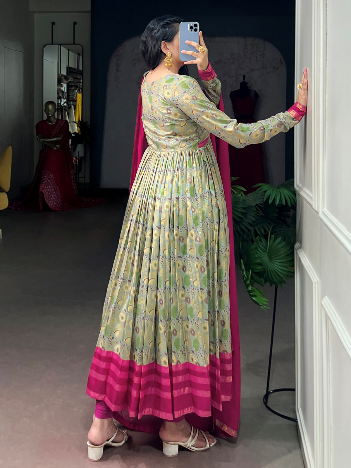 Graceful Green Floral Printed Silk Casual Wear Gown