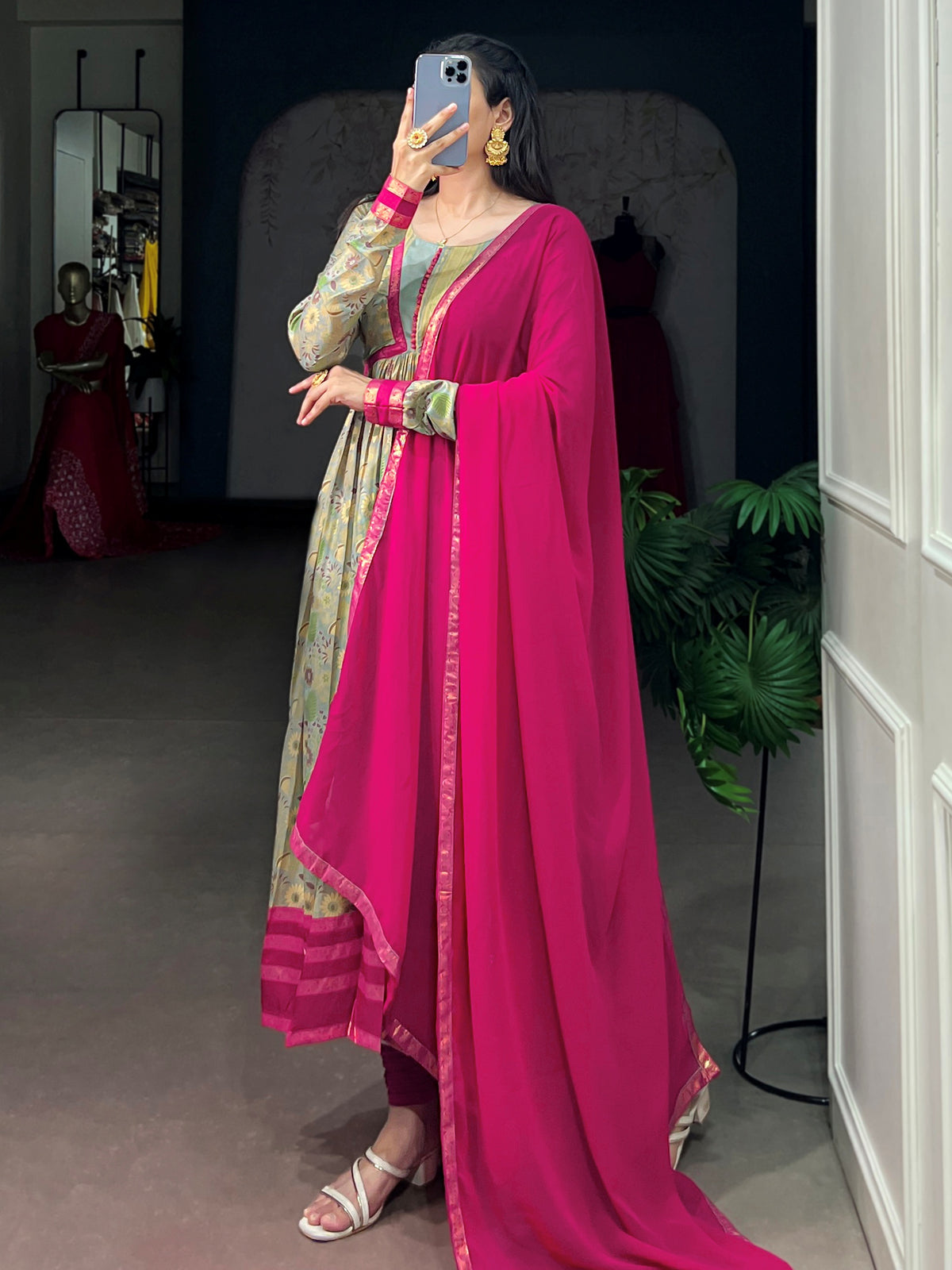 Graceful Green Floral Printed Silk Casual Wear Gown
