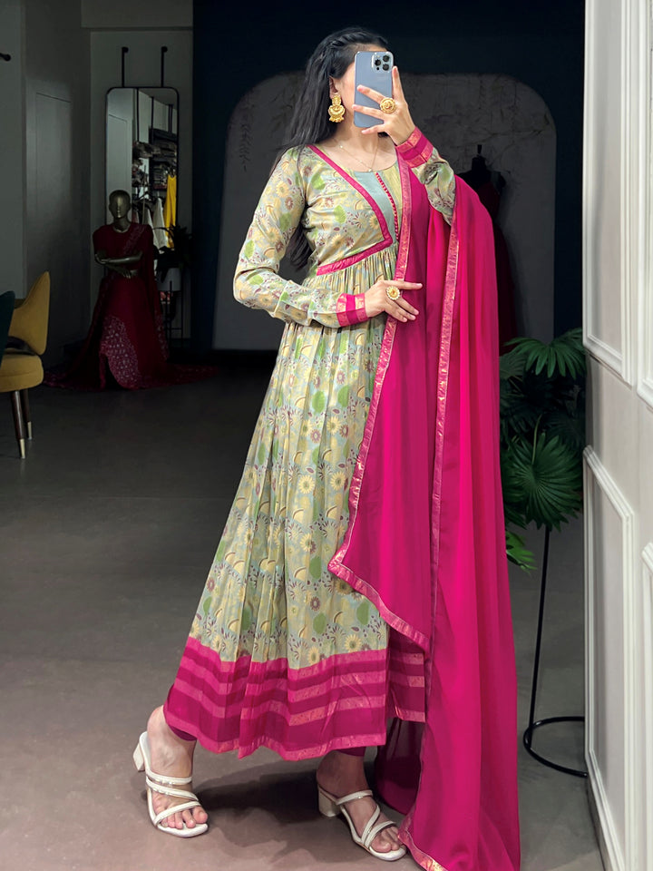 Graceful Green Floral Printed Silk Casual Wear Gown
