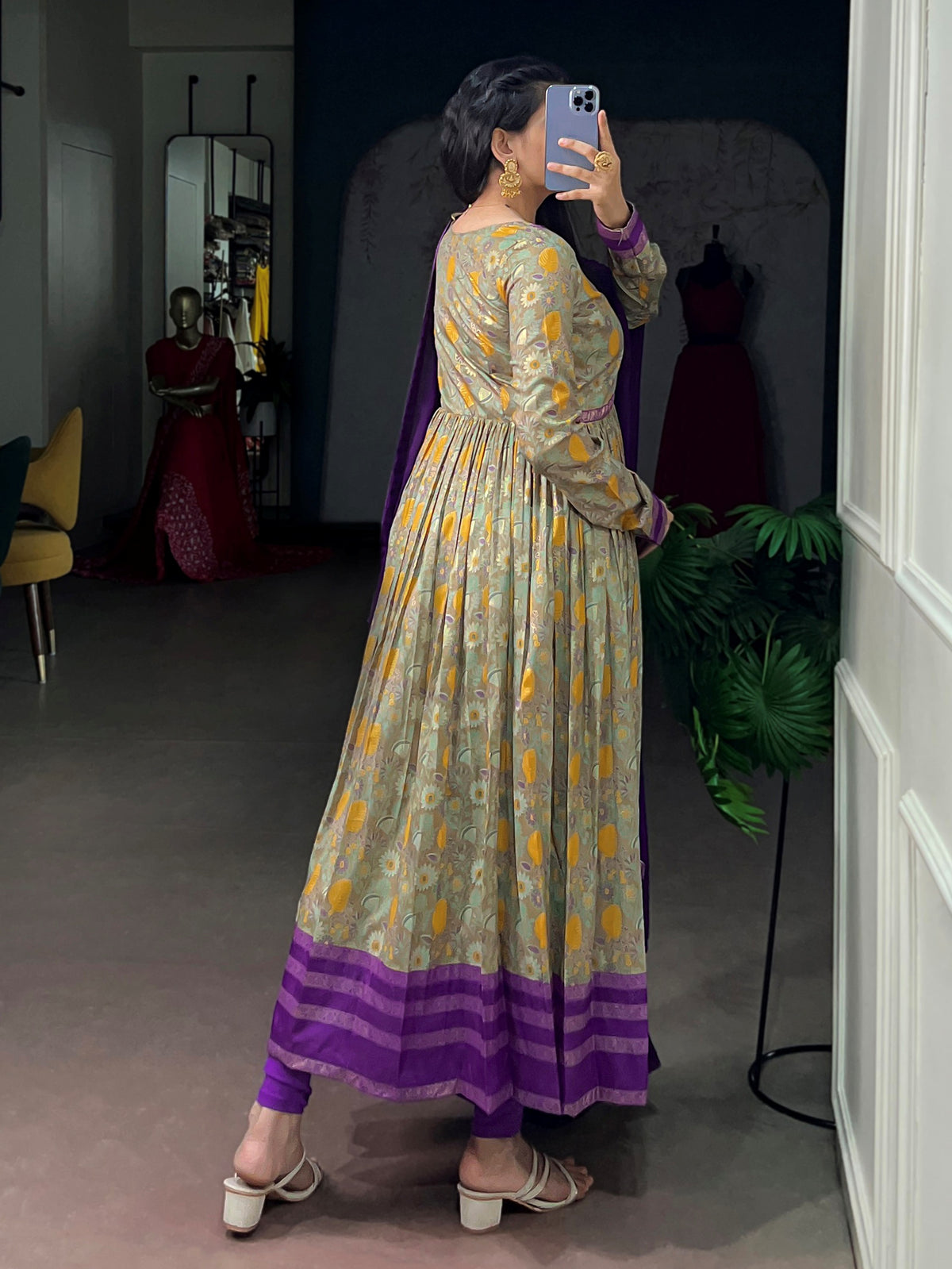 Fascinating Green Floral Printed Silk Casual Wear Gown With Dupatta