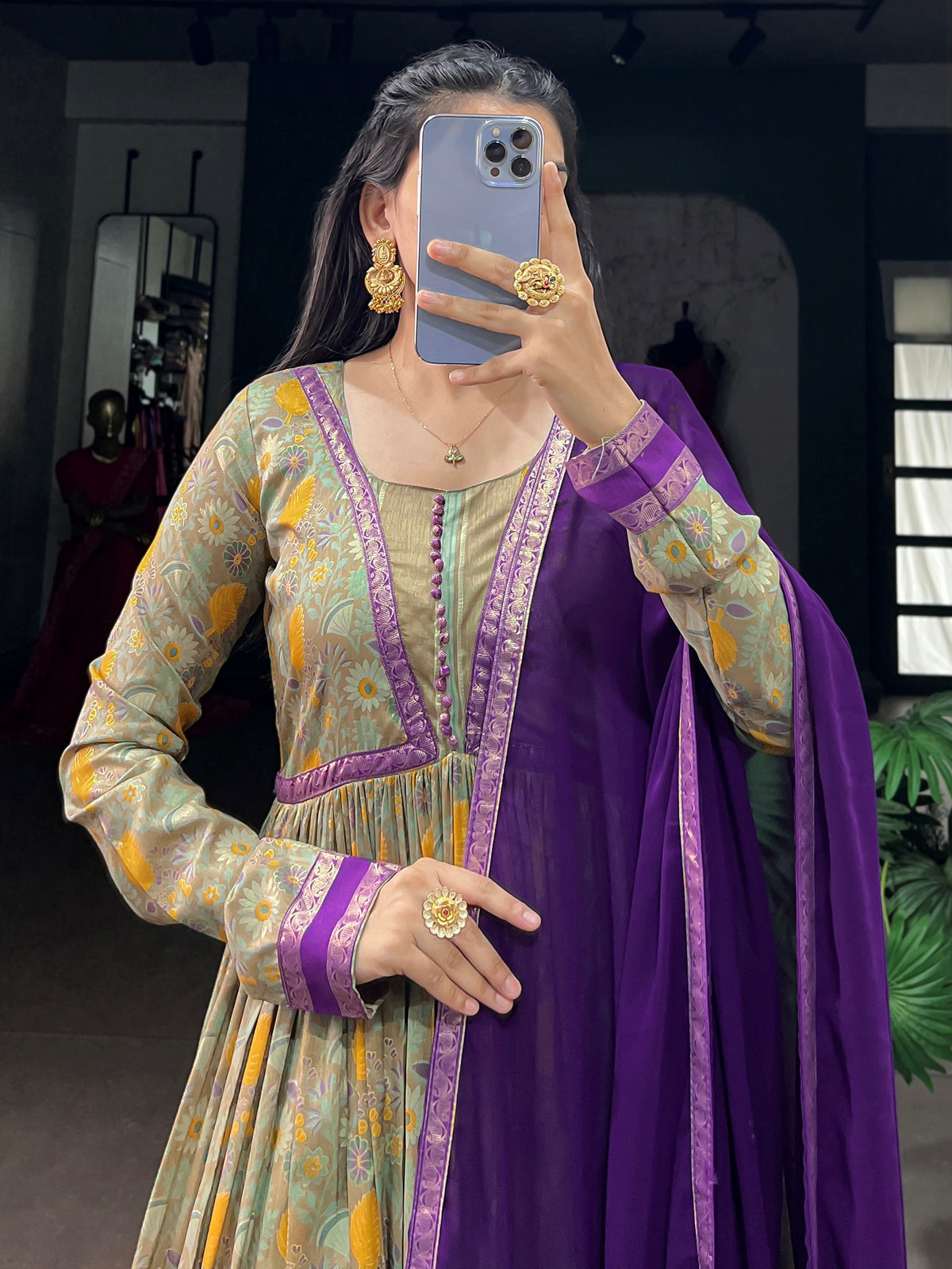Fascinating Green Floral Printed Silk Casual Wear Gown With Dupatta