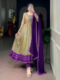 Fascinating Green Floral Printed Silk Casual Wear Gown With Dupatta