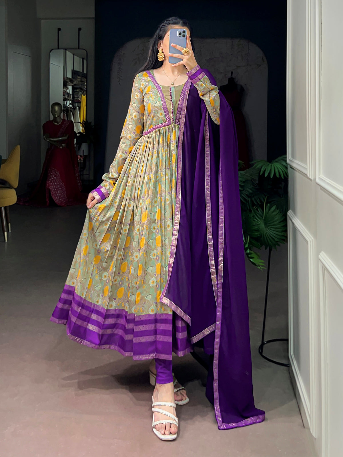 Fascinating Green Floral Printed Silk Casual Wear Gown With Dupatta
