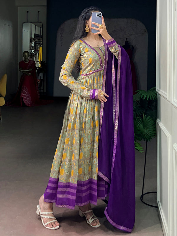 Fascinating Green Floral Printed Silk Casual Wear Gown With Dupatta