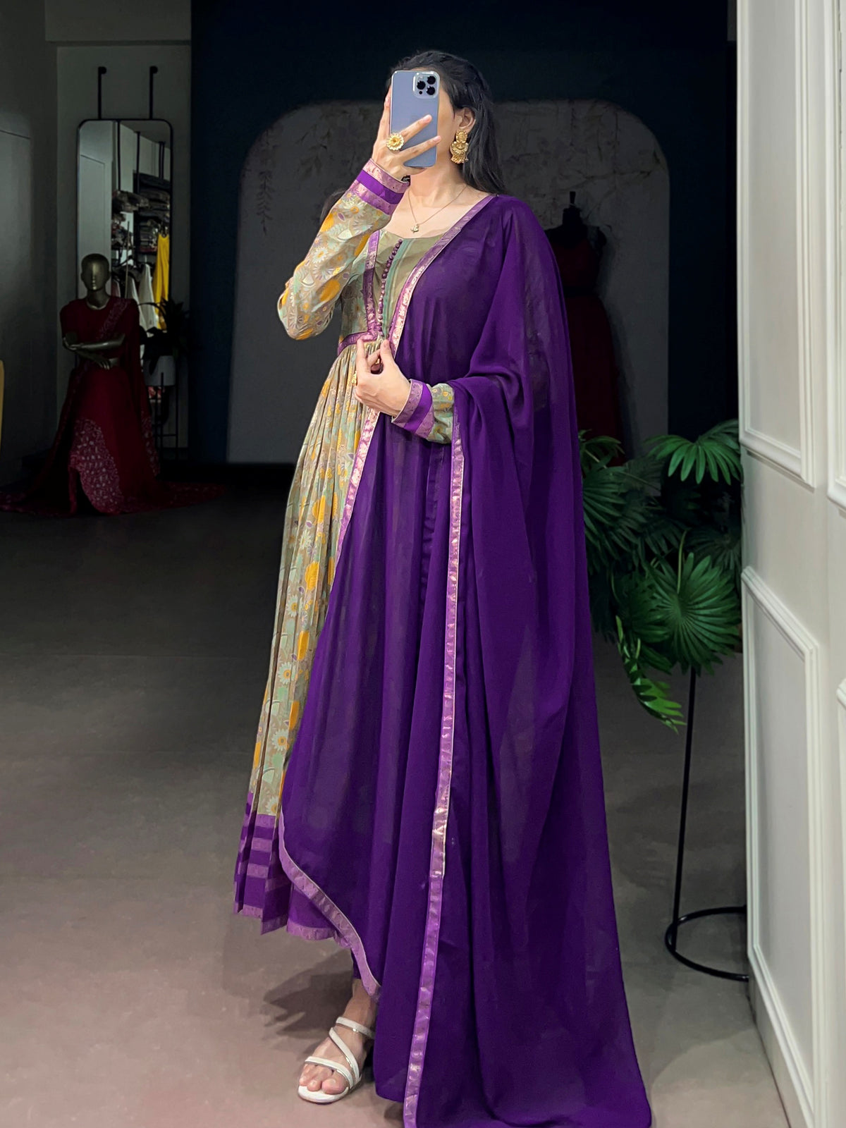 Fascinating Green Floral Printed Silk Casual Wear Gown With Dupatta