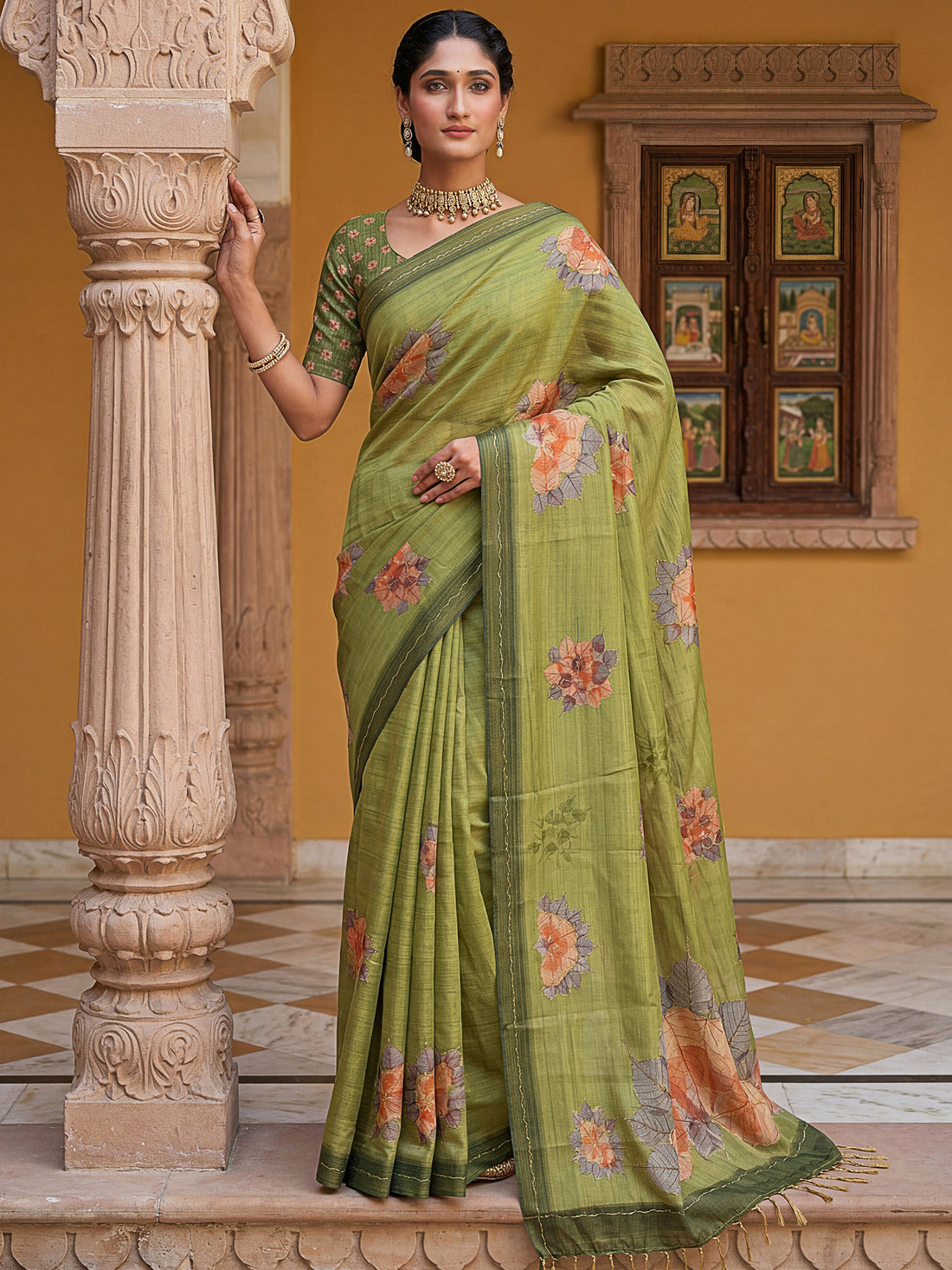 Spectacular Green Floral Printed Silk Traditional Saree With Blouse