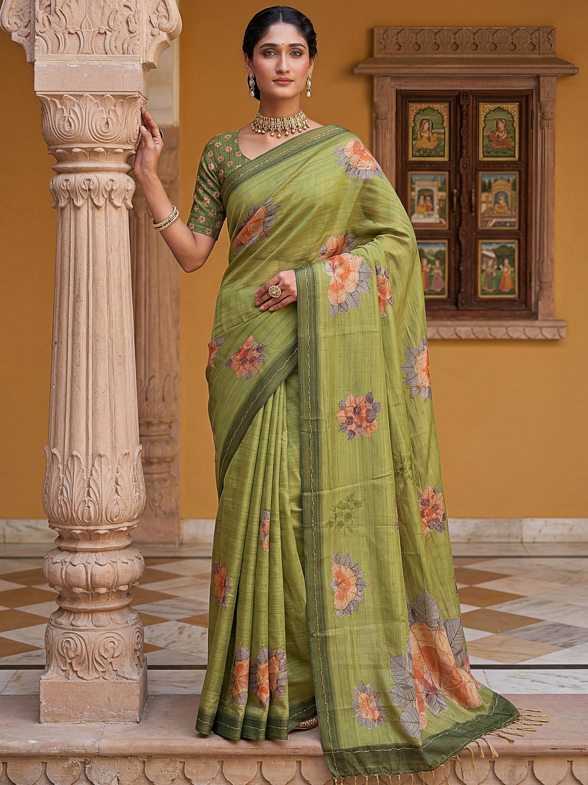 Spectacular Green Floral Printed Silk Traditional Saree With Blouse