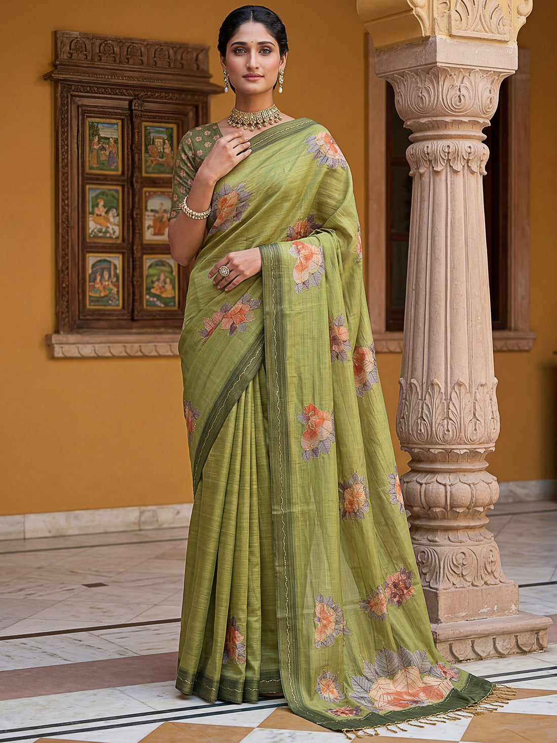 Spectacular Green Floral Printed Silk Traditional Saree With Blouse