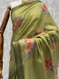 Spectacular Green Floral Printed Silk Traditional Saree With Blouse