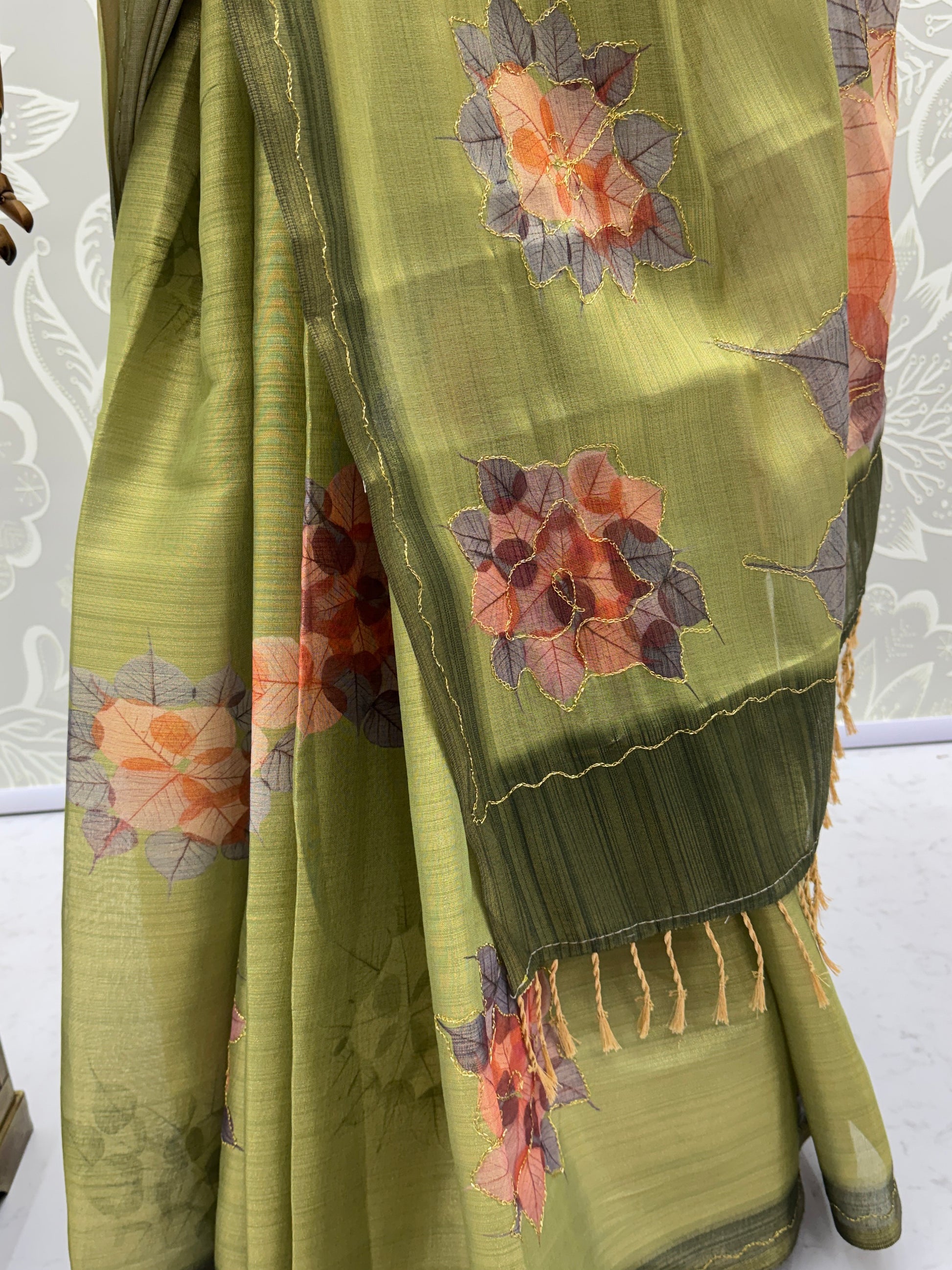 Spectacular Green Floral Printed Silk Traditional Saree With Blouse