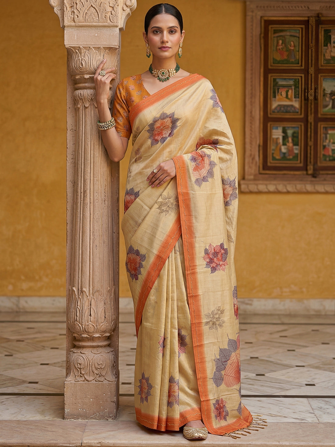 Majestic Beige Floral Printed Silk Daily Wear Saree With Blouse