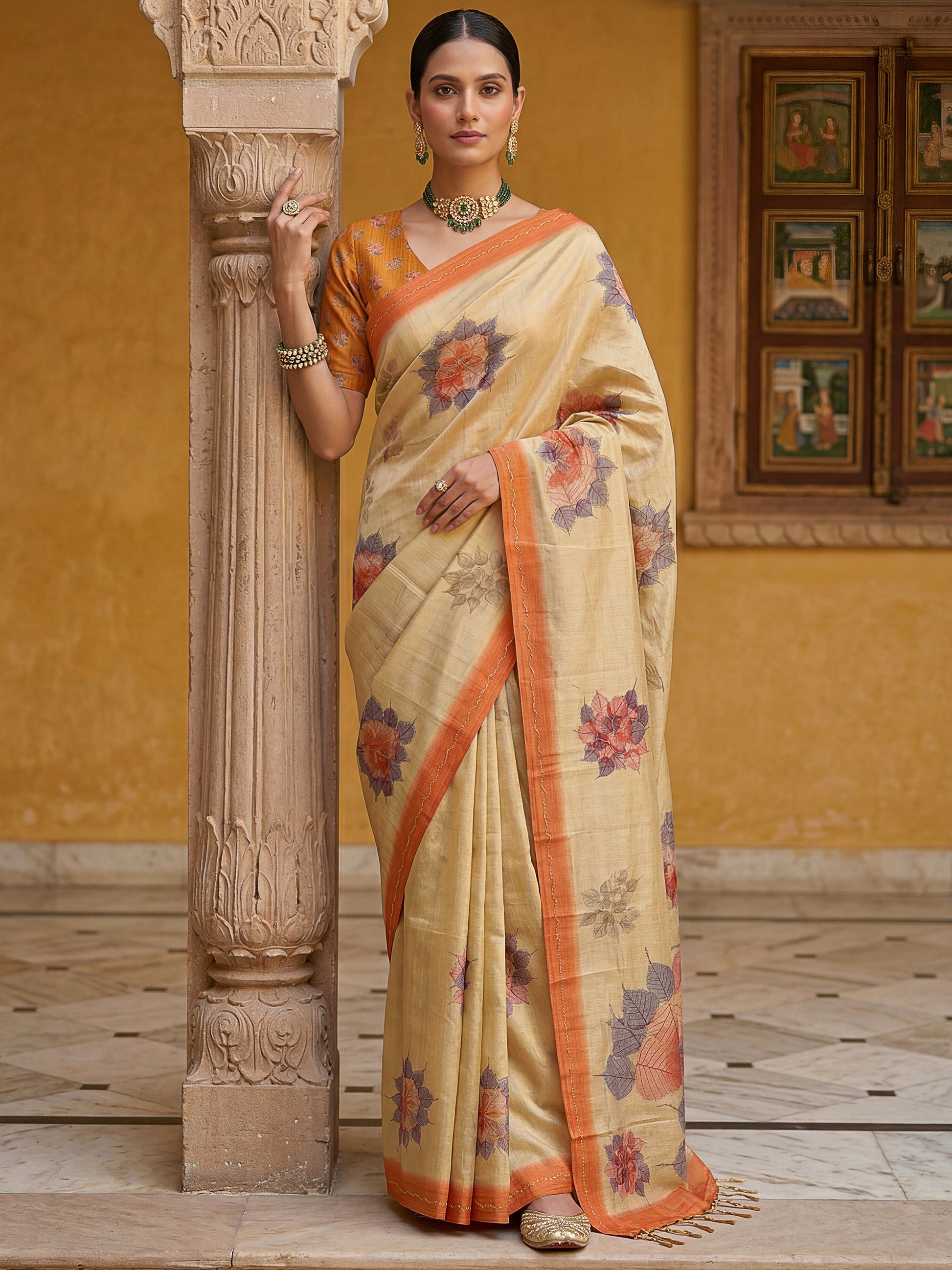 Majestic Beige Floral Printed Silk Daily Wear Saree With Blouse