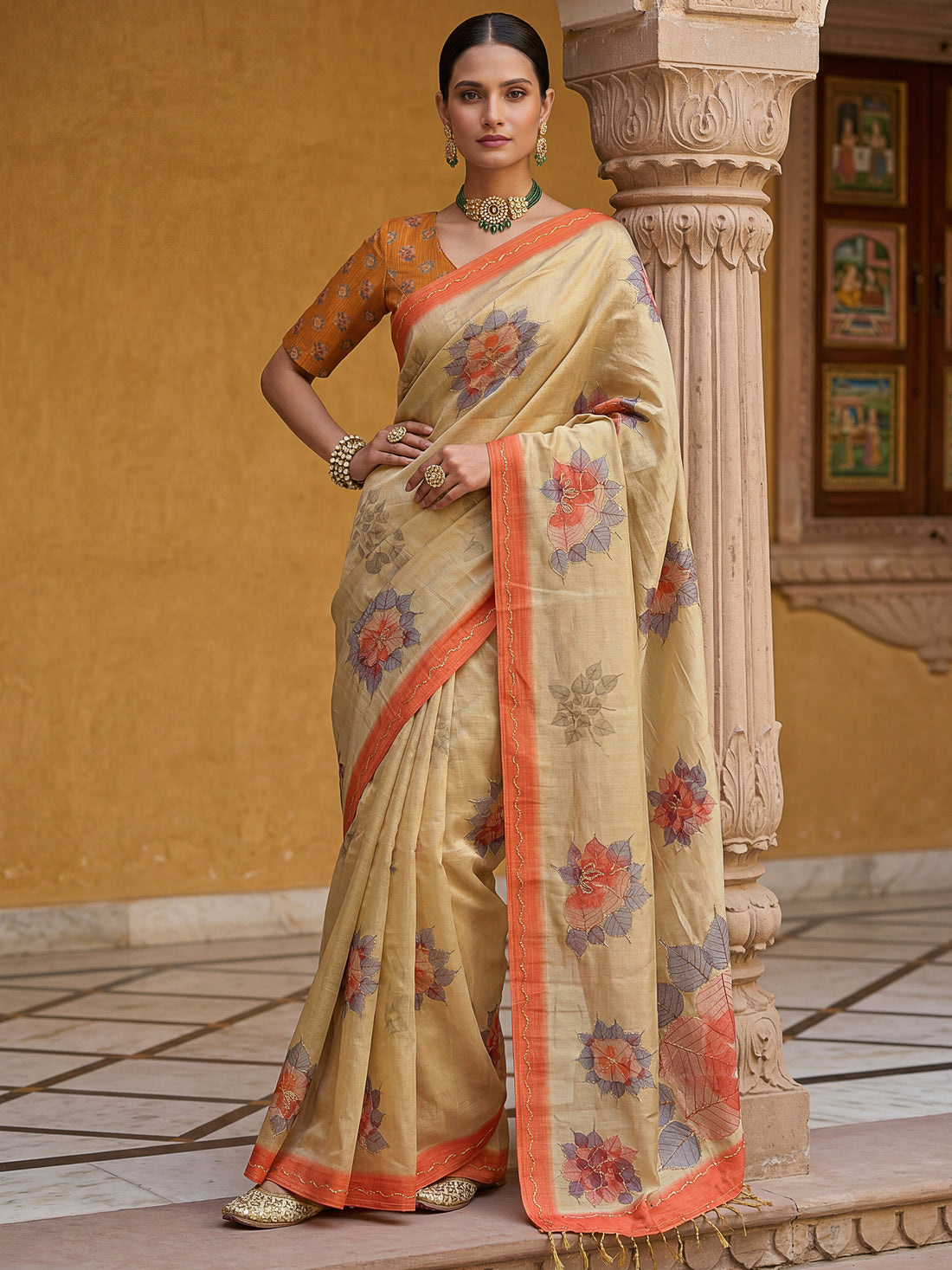 Majestic Beige Floral Printed Silk Daily Wear Saree With Blouse