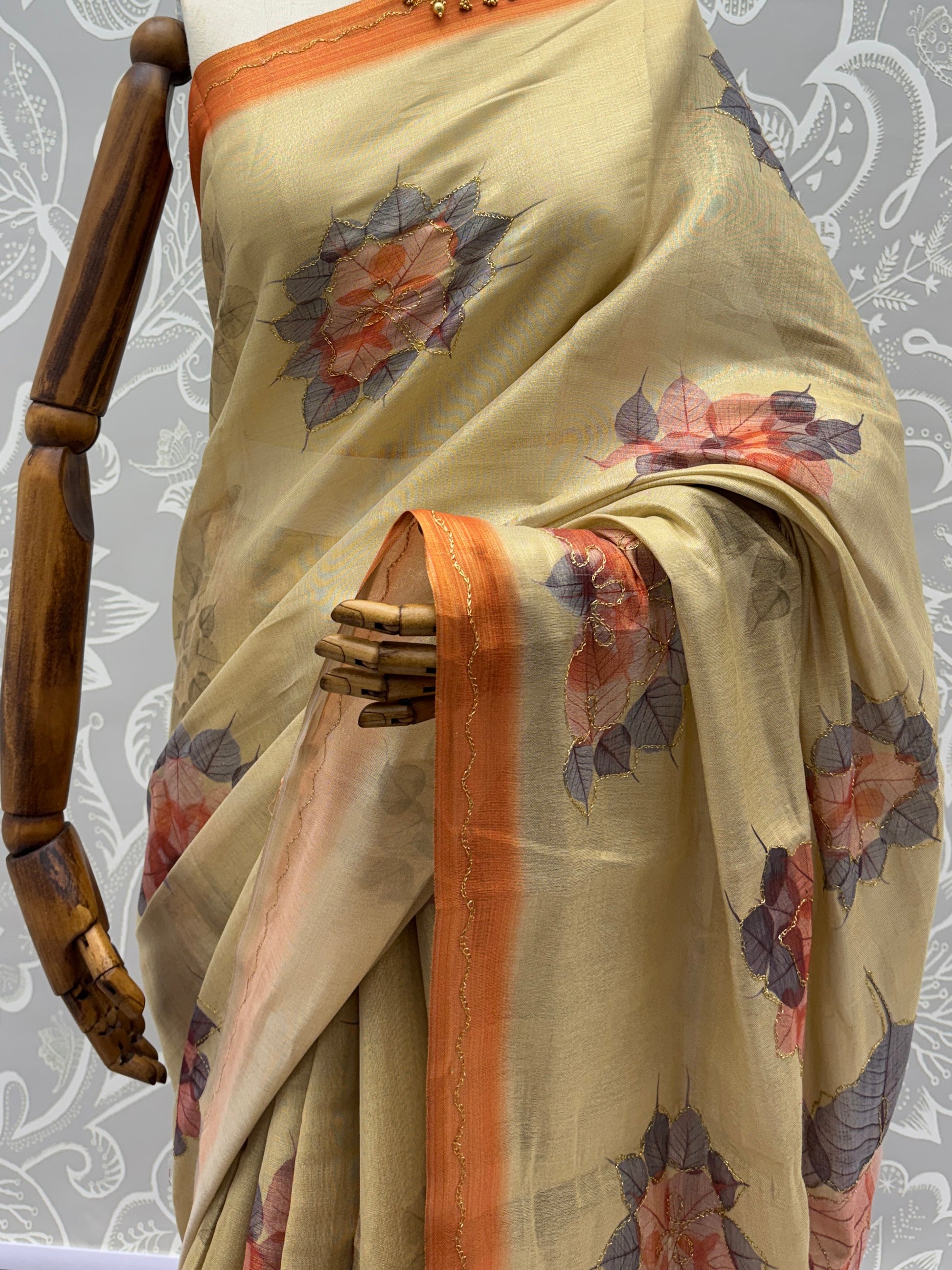 Majestic Beige Floral Printed Silk Daily Wear Saree With Blouse