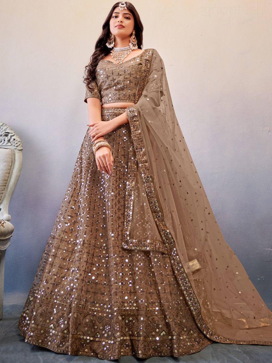 Stunning Light Brown Sequins Work Net Sangeet Lehenga Choli