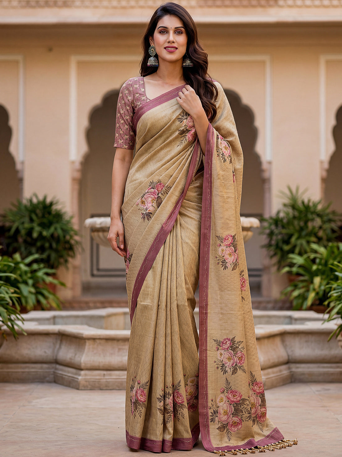 Rich Beige Floral Printed Silk Casual Wear Saree With Blouse