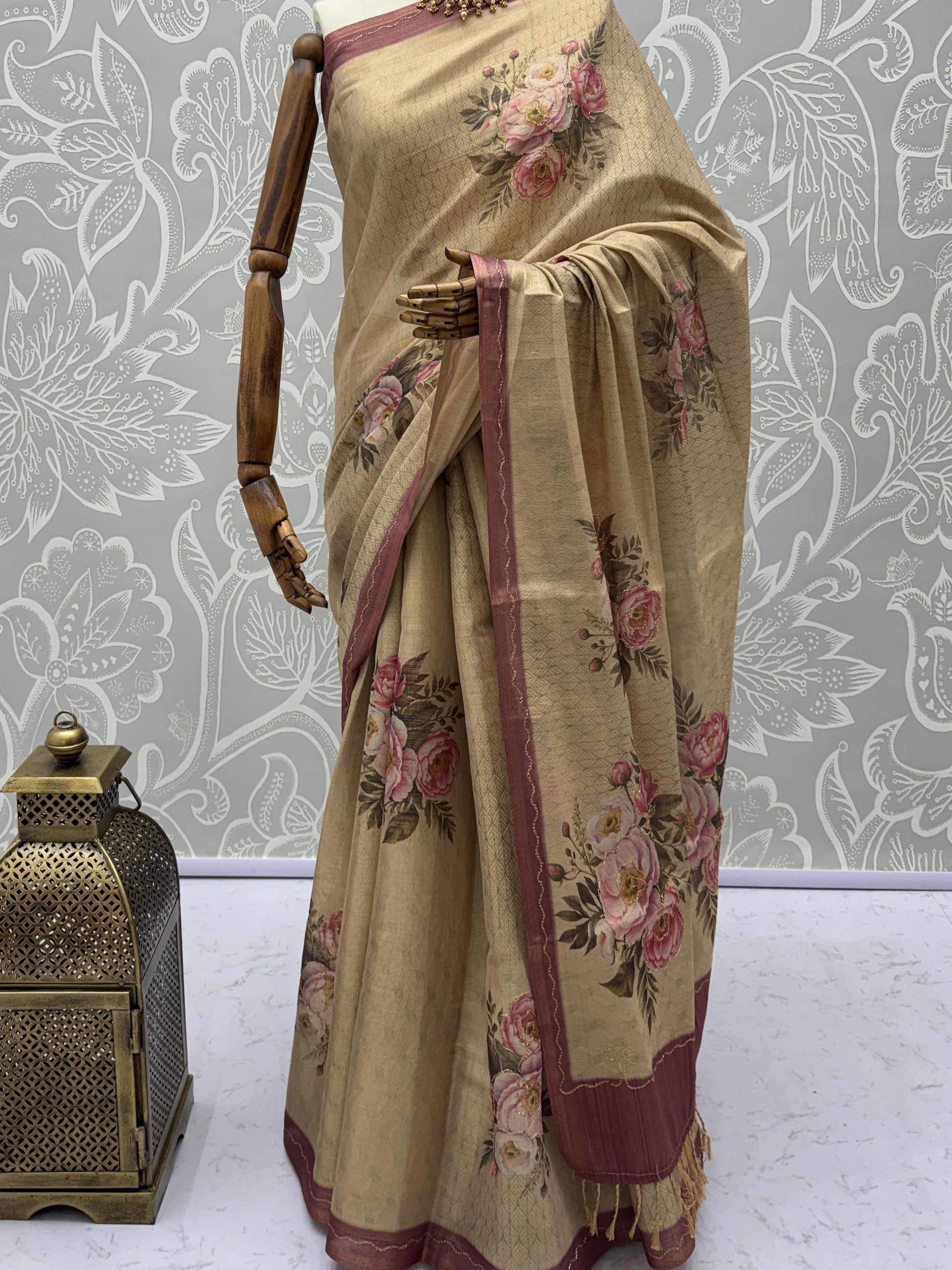 Rich Beige Floral Printed Silk Casual Wear Saree With Blouse