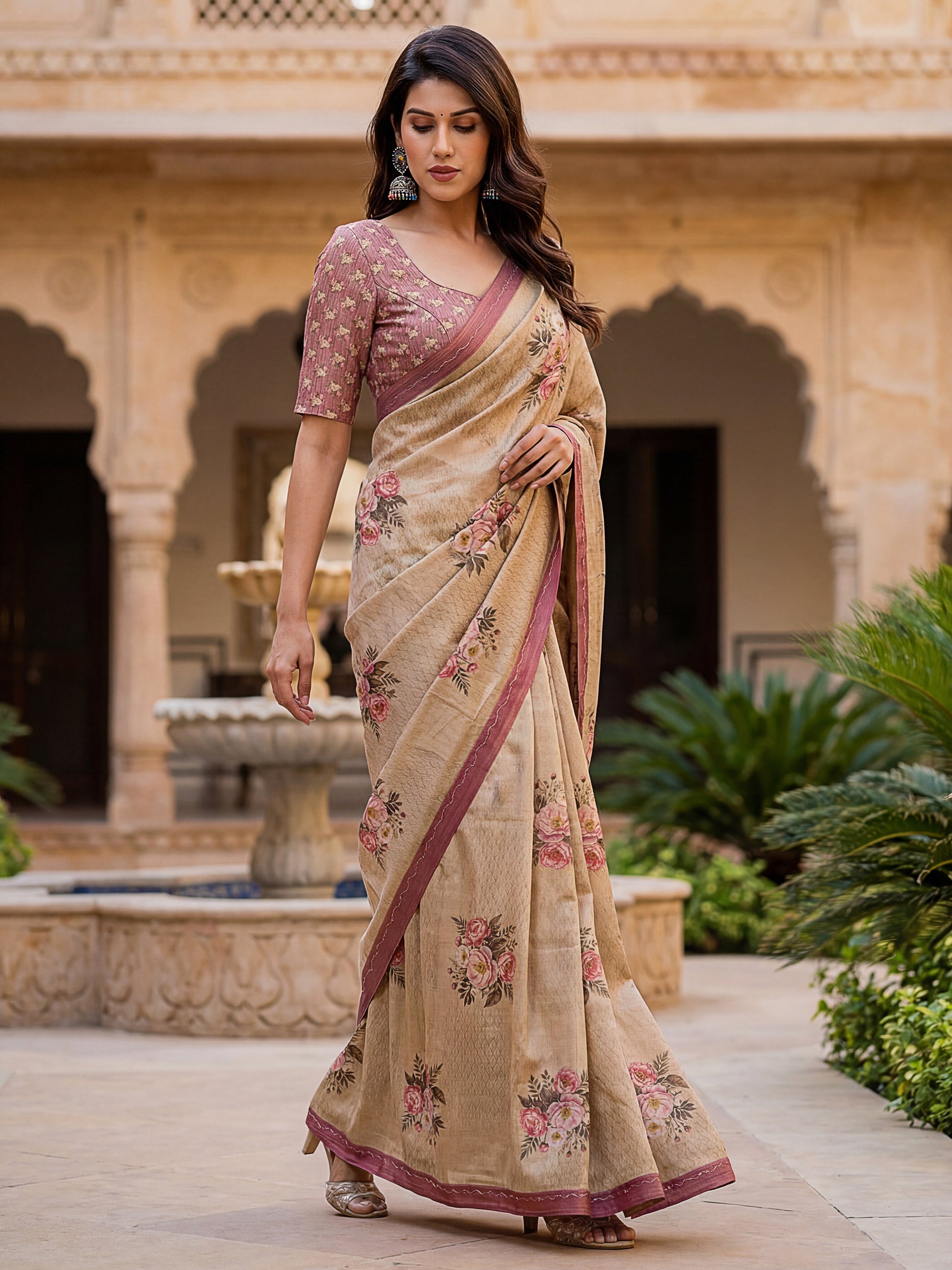 Rich Beige Floral Printed Silk Casual Wear Saree With Blouse