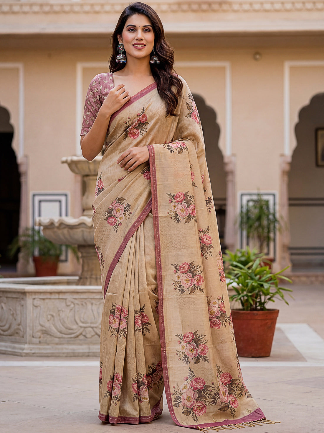 Rich Beige Floral Printed Silk Casual Wear Saree With Blouse