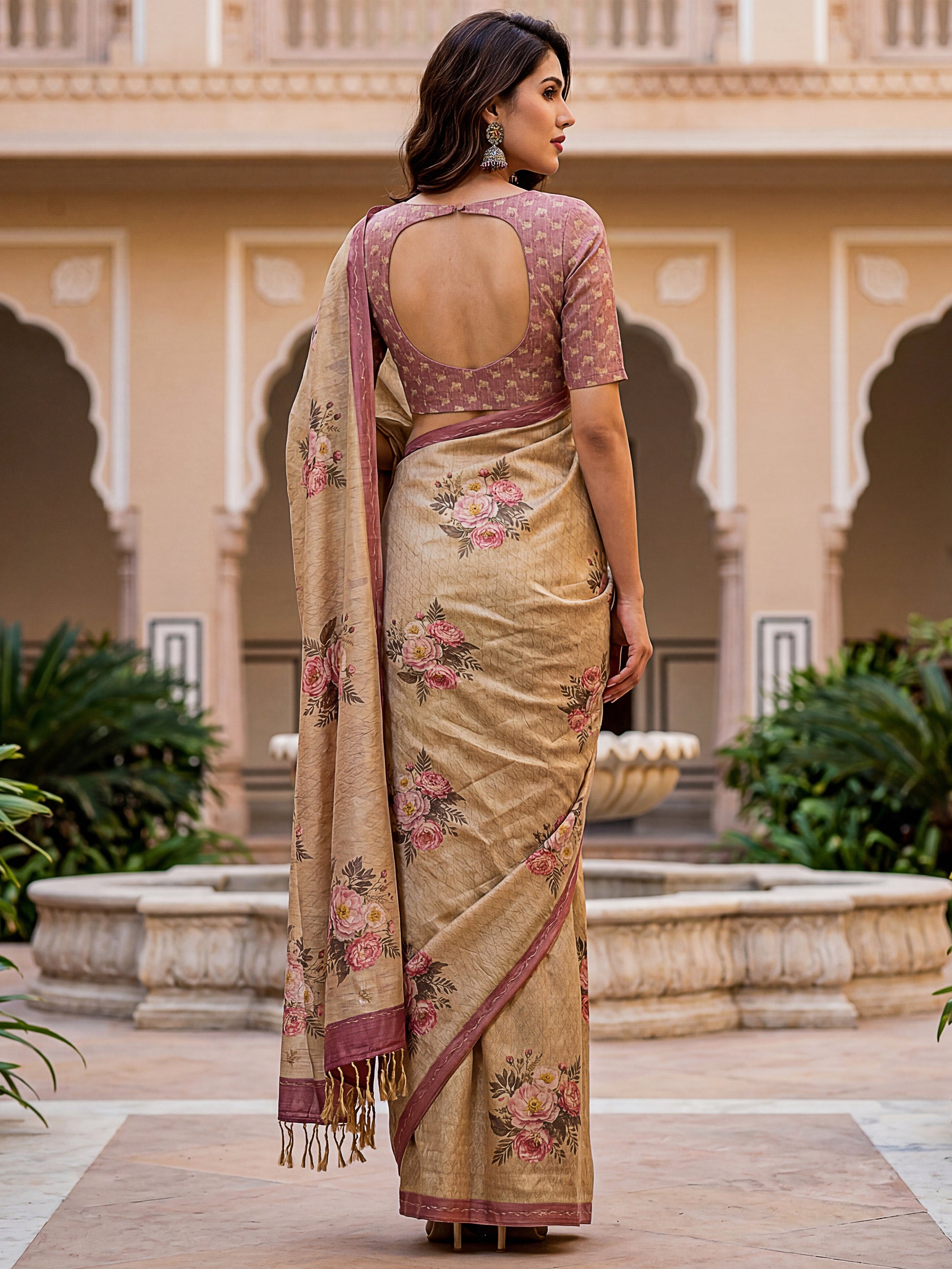 Rich Beige Floral Printed Silk Casual Wear Saree With Blouse
