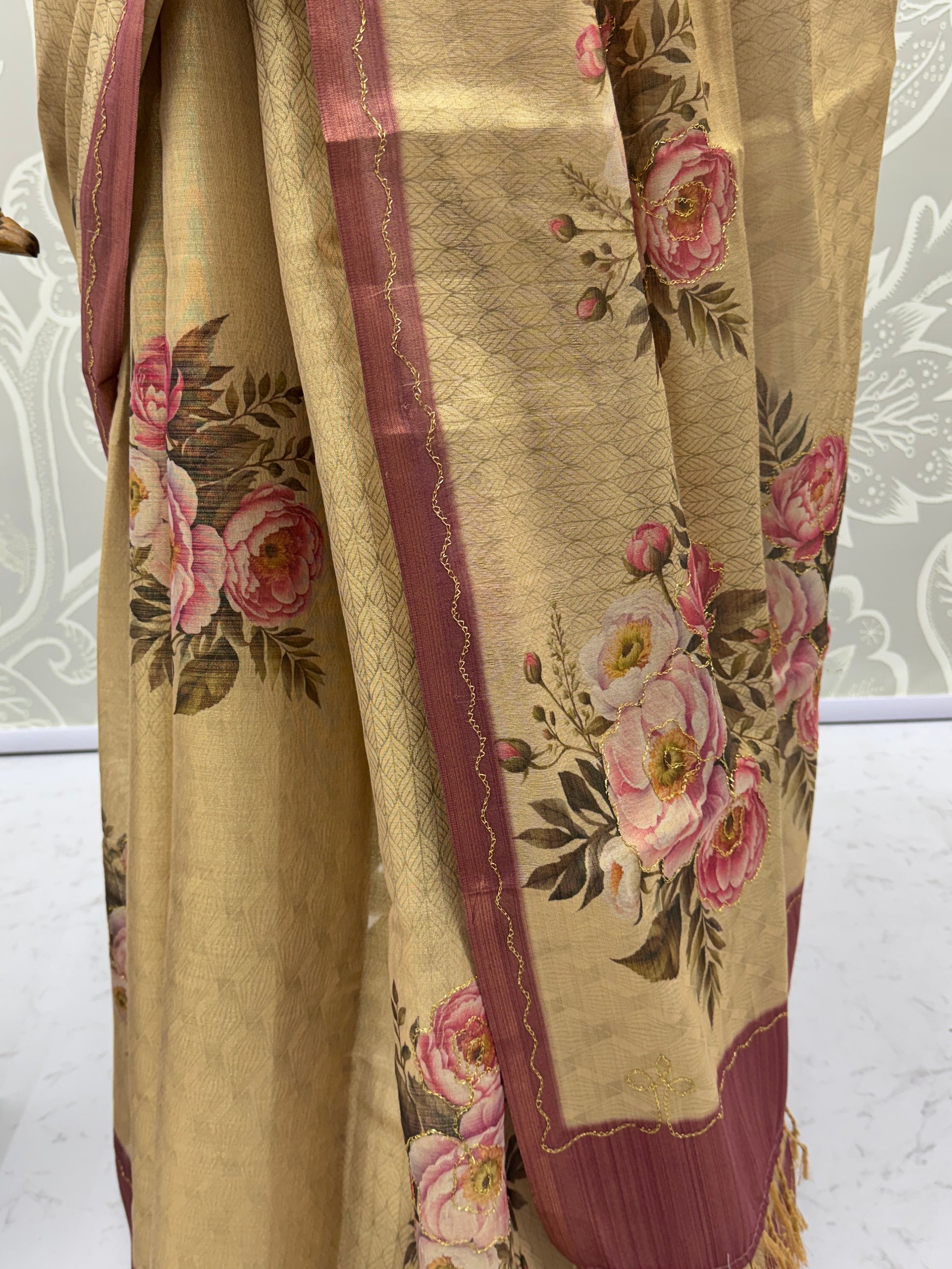 Rich Beige Floral Printed Silk Casual Wear Saree With Blouse