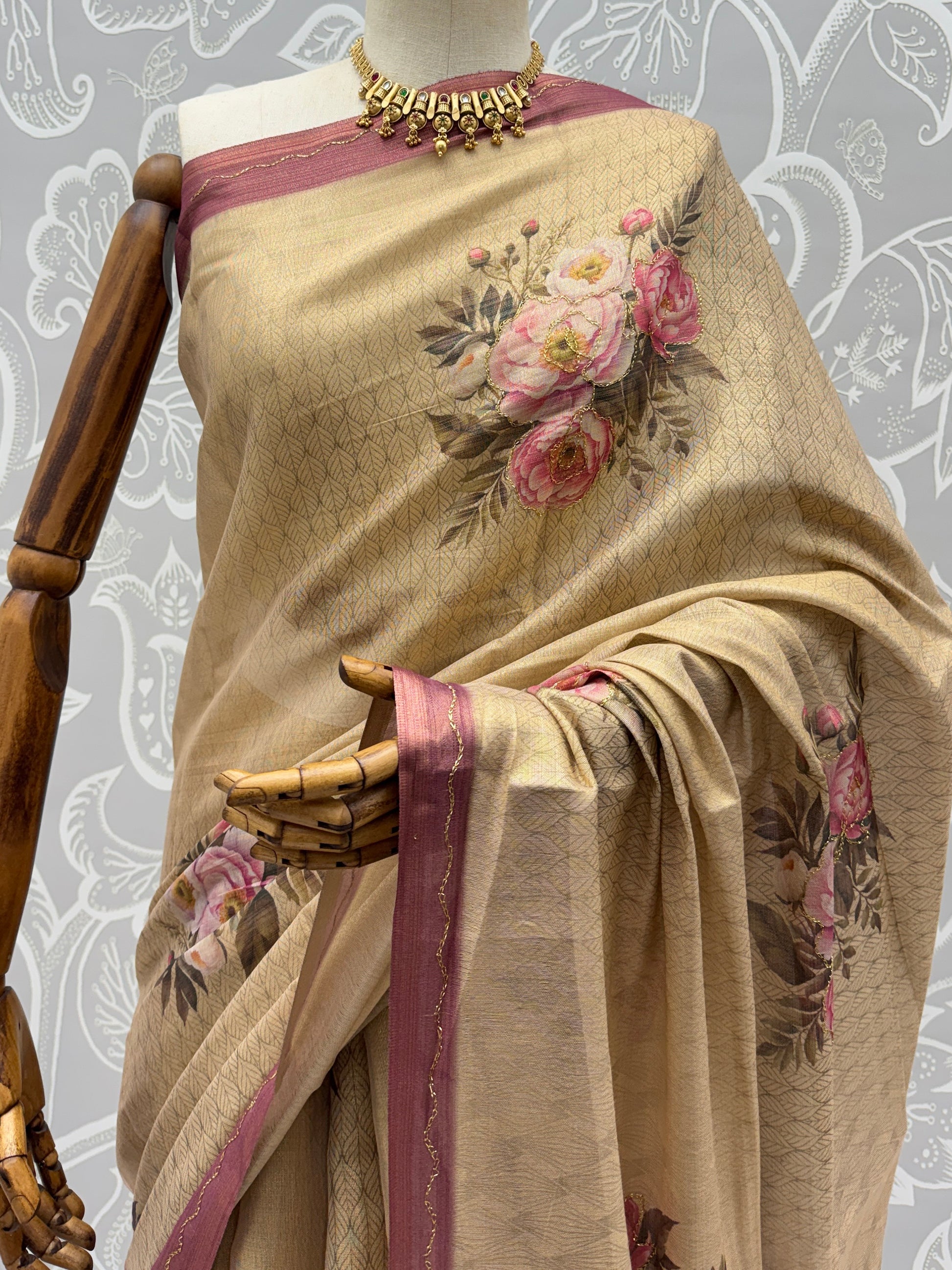 Rich Beige Floral Printed Silk Casual Wear Saree With Blouse