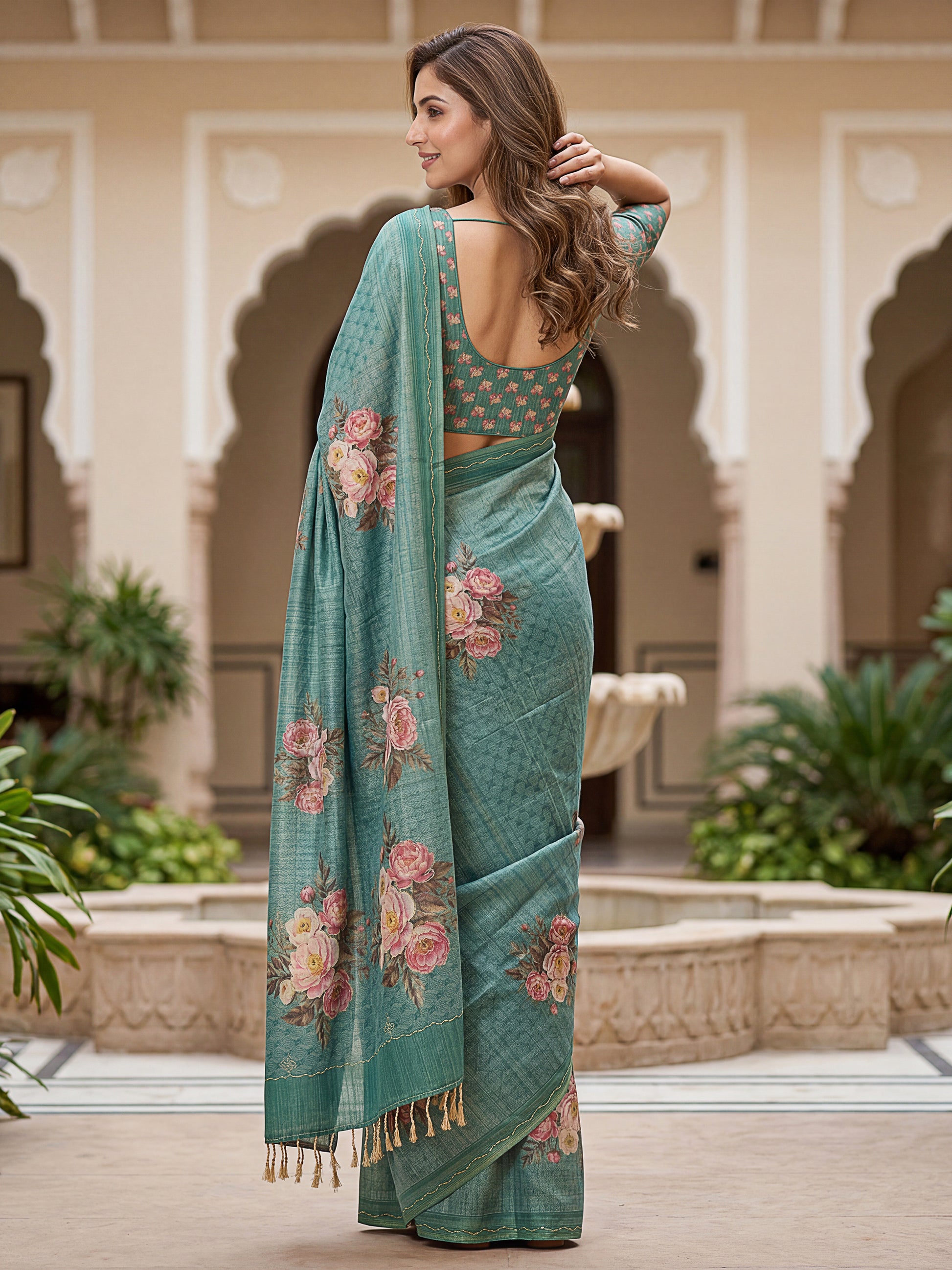Lovable Teal Green Floral Printed Silk Traditional Saree With Blouse