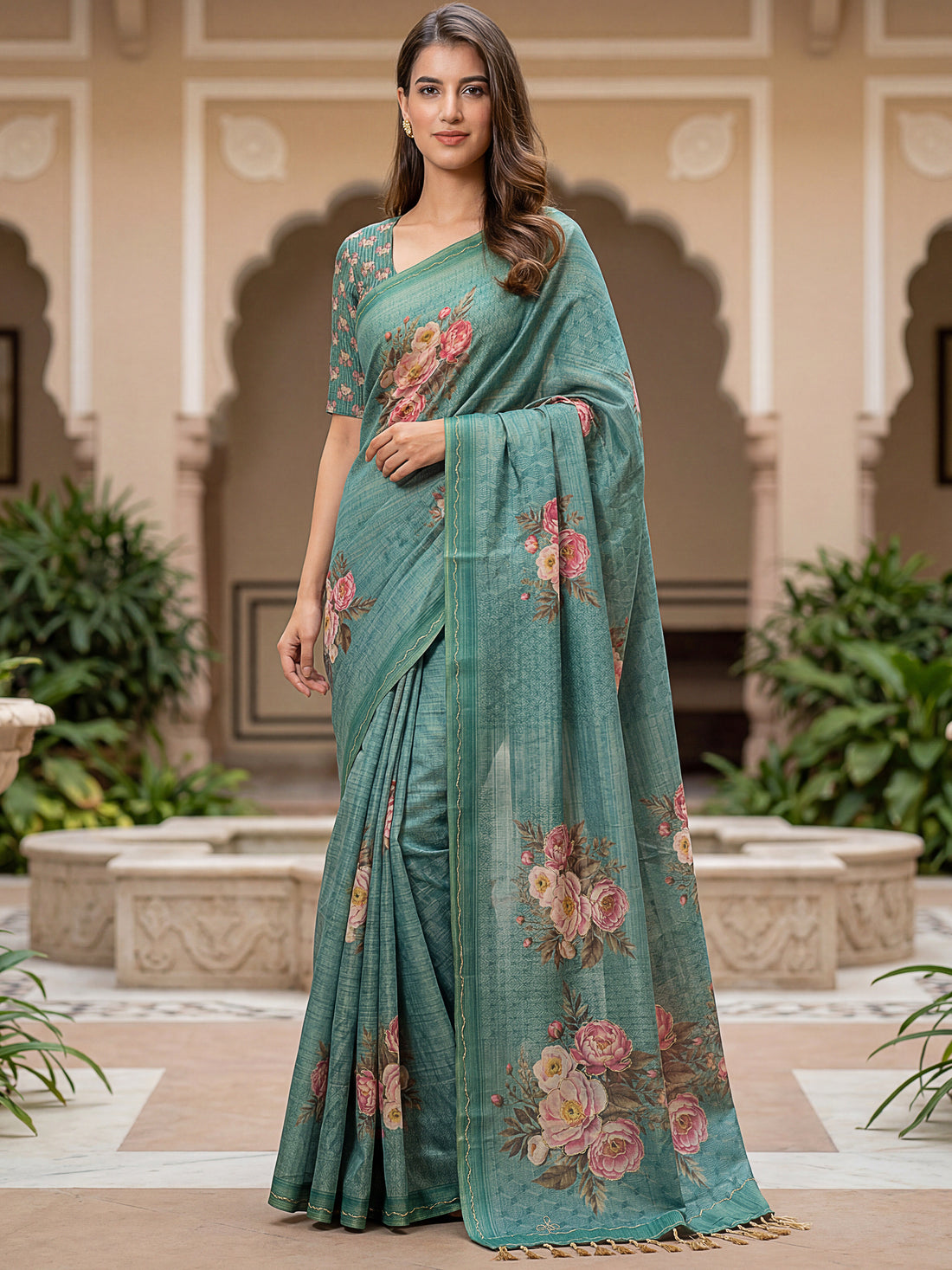 Lovable Teal Green Floral Printed Silk Traditional Saree With Blouse
